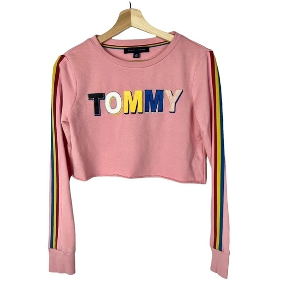 Tommy Hilfiger Light Pink Multicolor Logo Cropped Sweatshirt XS - Picture 1 of 4